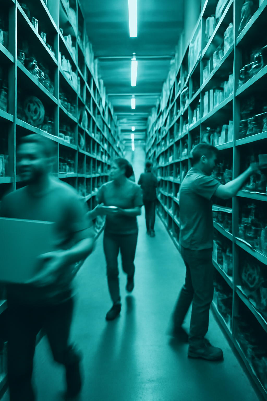 photographic automotive sparepart warehouse with active people in motion Light with teal overlay